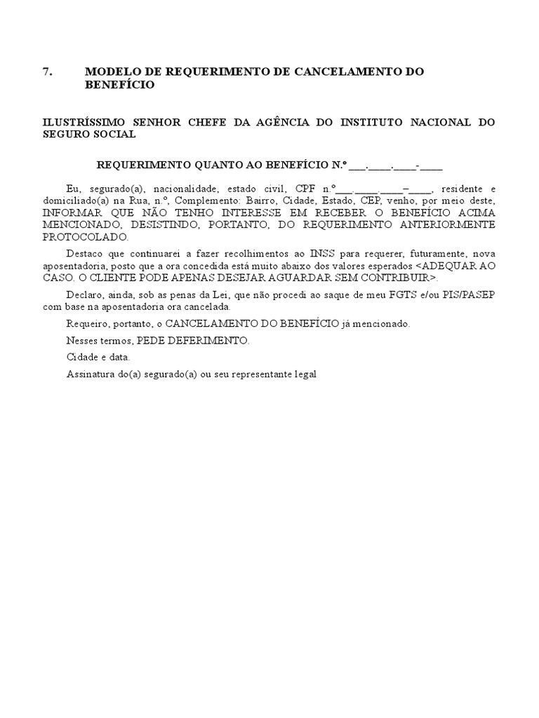 Modelo de Cancelamento de Benefício INSS | PDF | Finanças e ...