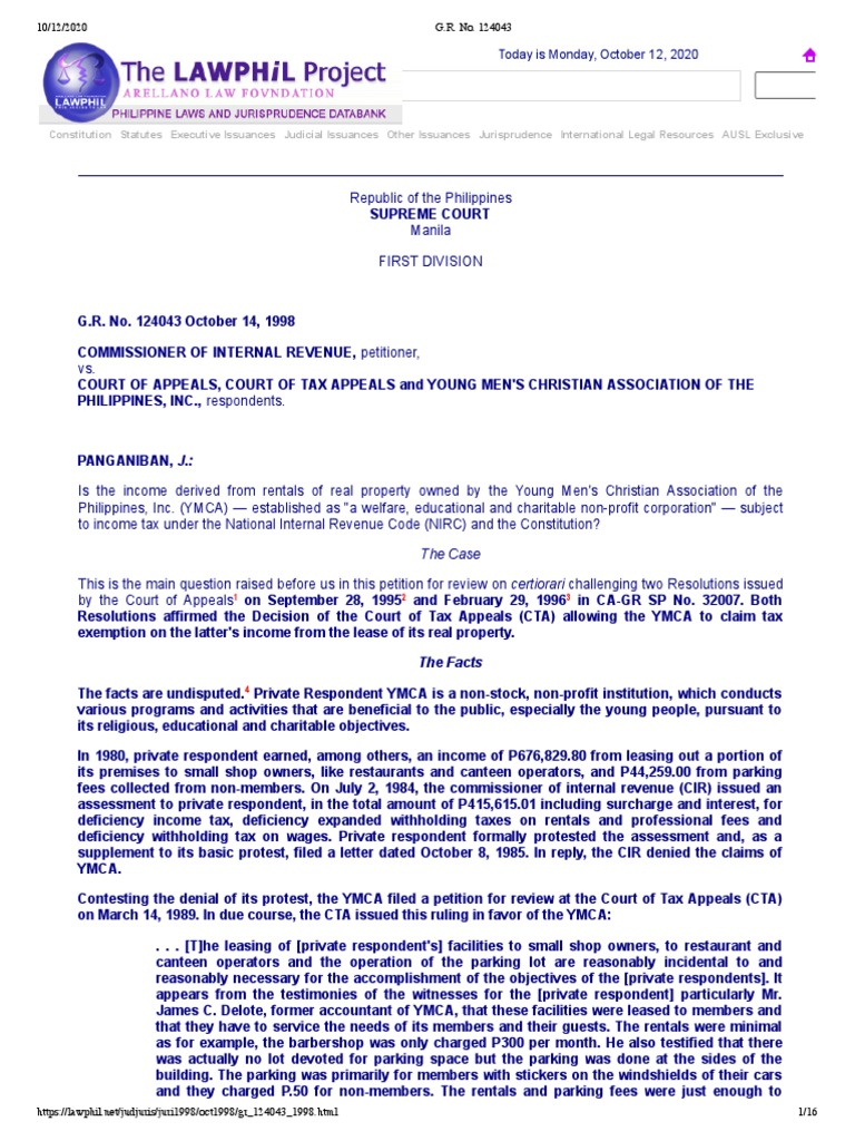 CIR v. CA, CTA and YMCA of The Phils PDF PDF Tax Exemption Taxes