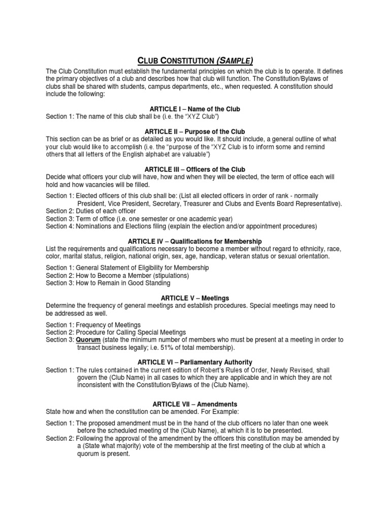 Sample Club Constitution Template | PDF | Political Charters | Legal ...