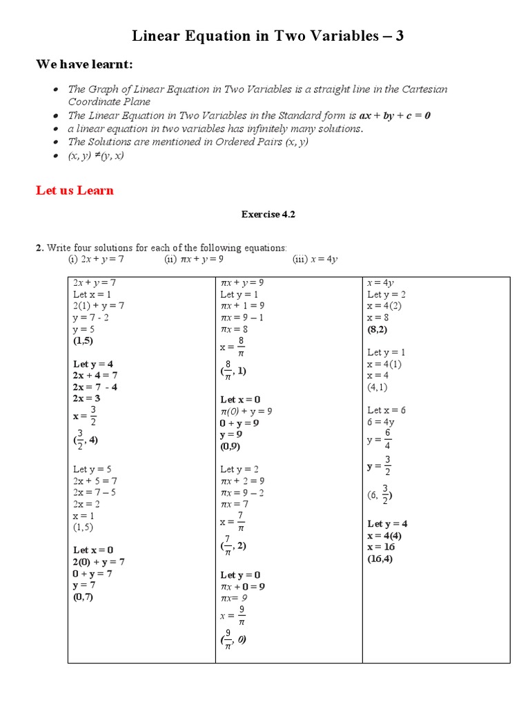 Linear Equation in Two Variables 3 | PDF | Equations | Cartesian ...