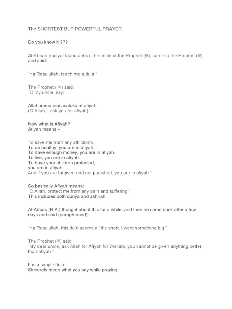 Shortest Powerful Prayer for Afiyah | PDF
