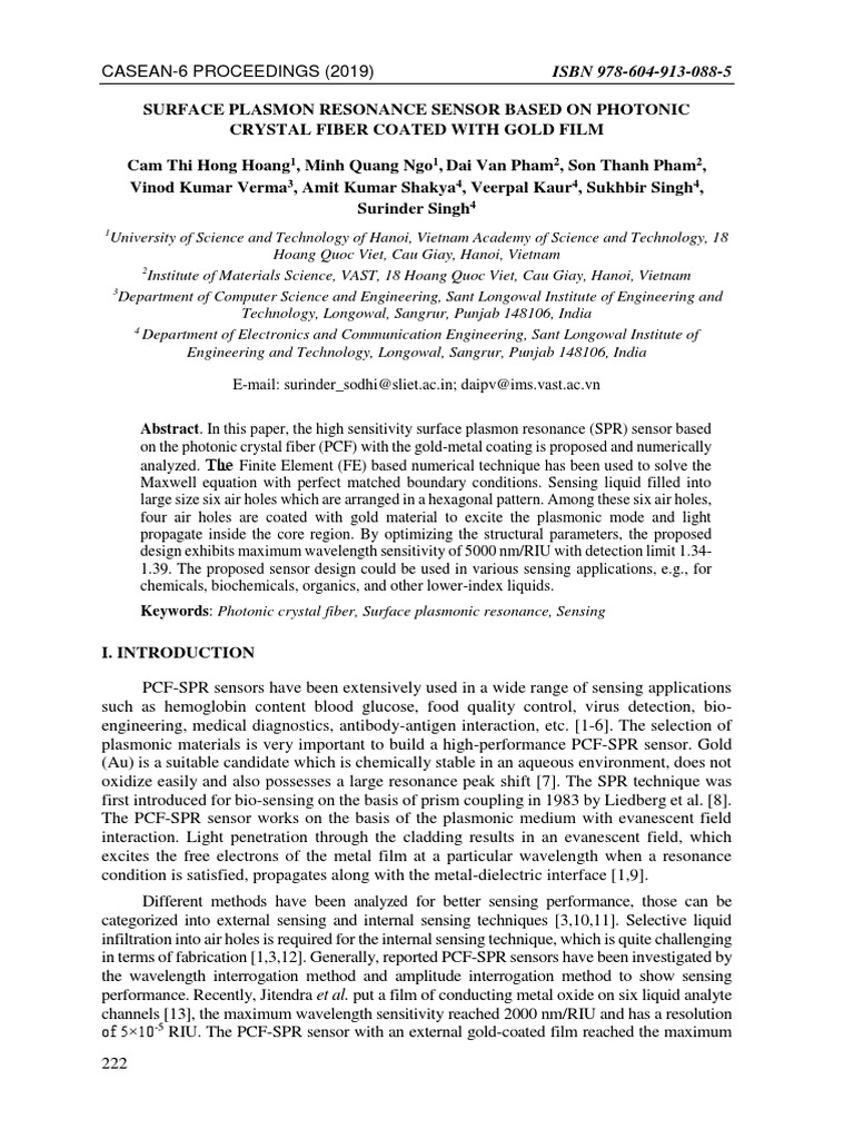 2019 Surface Plasmon Resonance Sensor Based On Photonic Crystal Fiber ...
