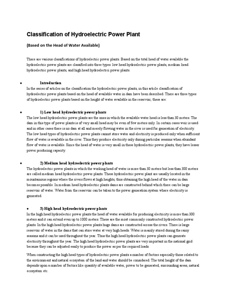 Hydroelectric Power Plant Classifications | PDF | Hydroelectricity ...