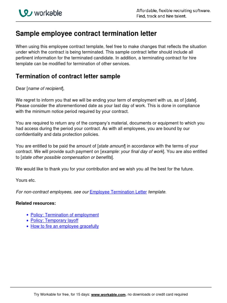 Employee Contract Termination Sample | PDF