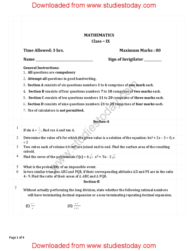 CBSE Class 9 Mathematics Question Paper Set A PDF PDF Trigonometric Functions Polynomial