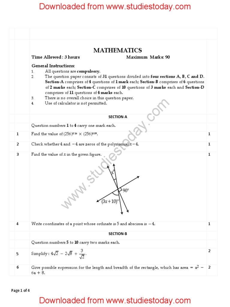 CBSE Class 9 Mathematics Question Paper Set B PDF PDF Triangle Area