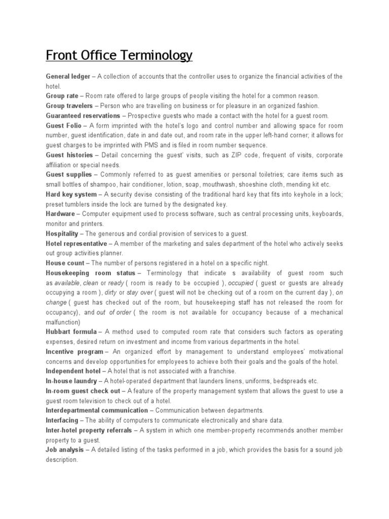Front Office Terminology PDF Point Of Sale Credit Card