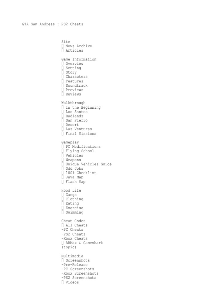 GTA San Andreas PS2 Cheats, Download Free PDF, Weaponry cocogarage.jp