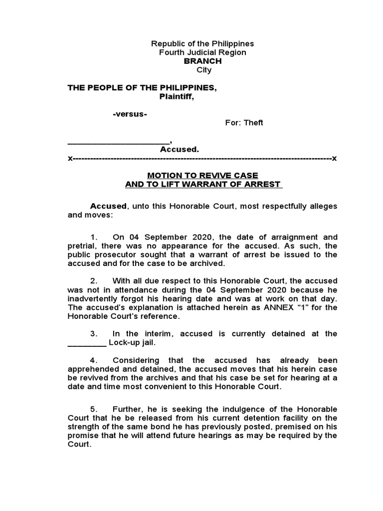 Motion To Revive and To Lift Warrant PDF Arrest Warrant Arrest