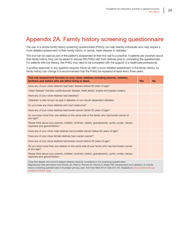 Appendix 2A. Family History Screening Questionnaire: 9th Edition ...