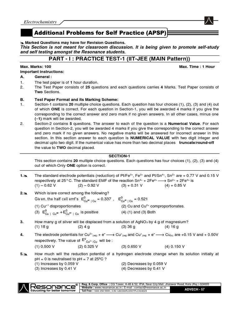 Part I Practice Test1 (IitJee (Main Pattern) ) Electrochemistry