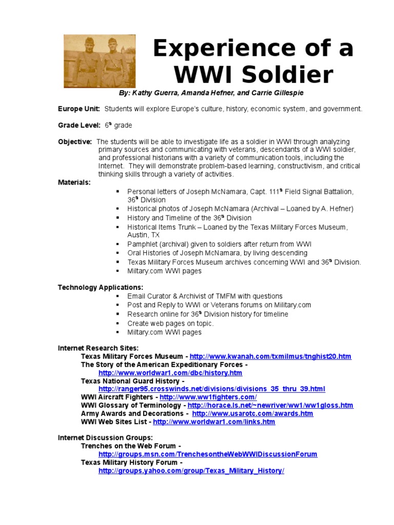 WWI Soldier Lesson Plans PDF Multimedia