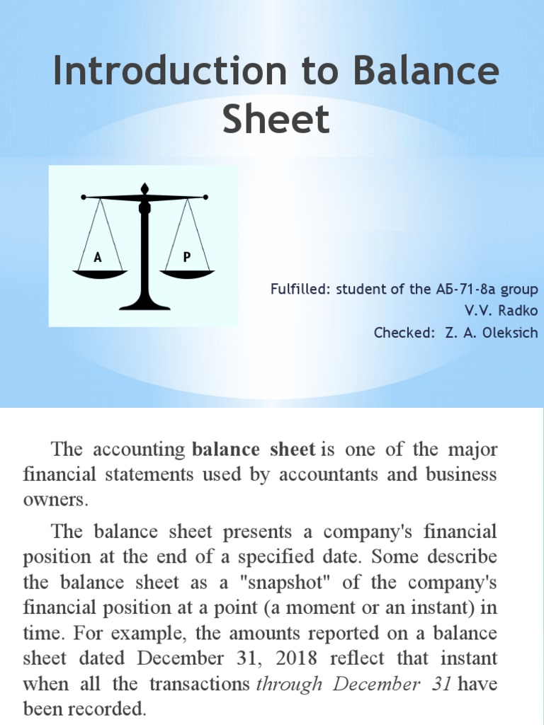 Introduction to Balance Sheet: Fulfilled: student of the AБ-71-8a group ...