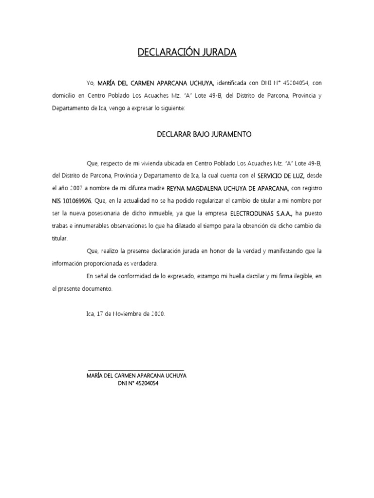 Declaración Jurada de Servicio de Luz | PDF | Derecho