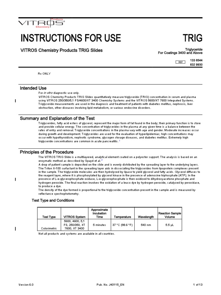 Instructions For Use Trig VITROS Chemistry Products TRIG Slides PDF