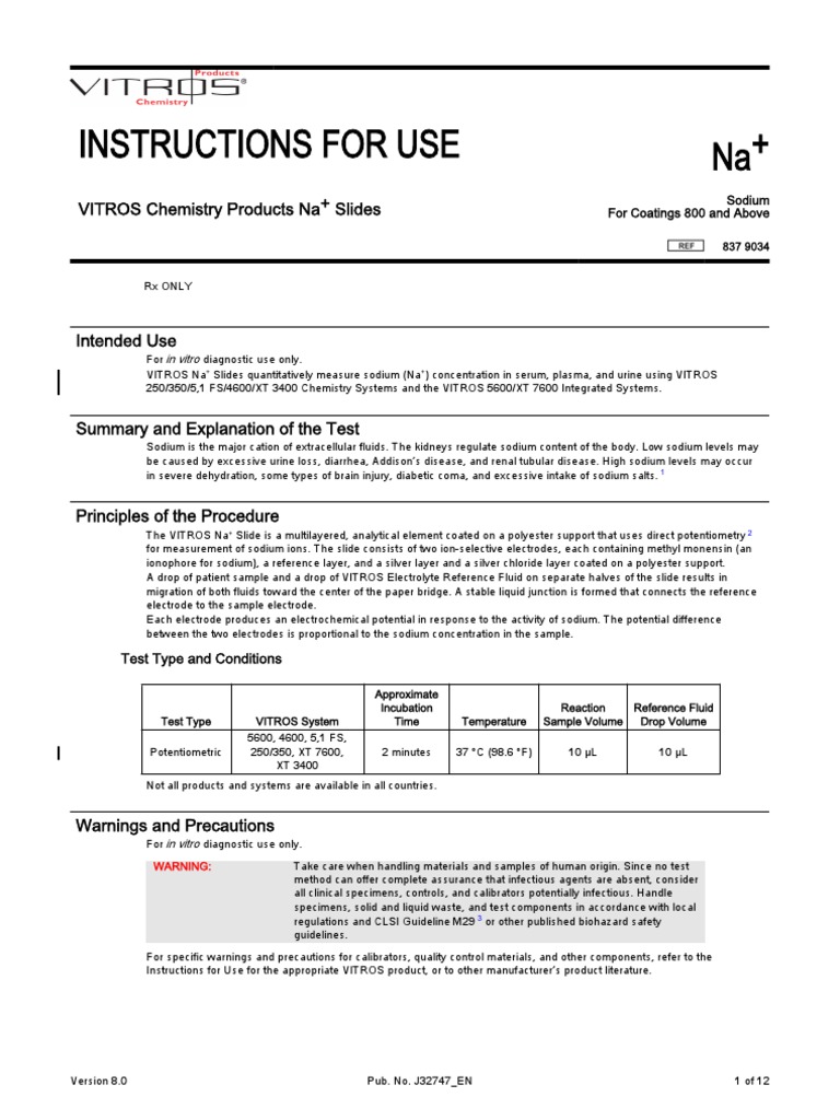 Instructions For Use Na+ VITROS Chemistry Products Na+ Slides PDF