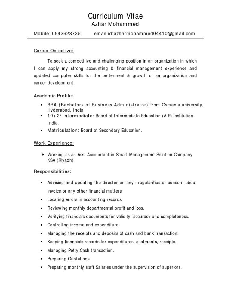 Azhar Mohammed: Accountant CV | PDF | Microsoft Excel | Balance Sheet
