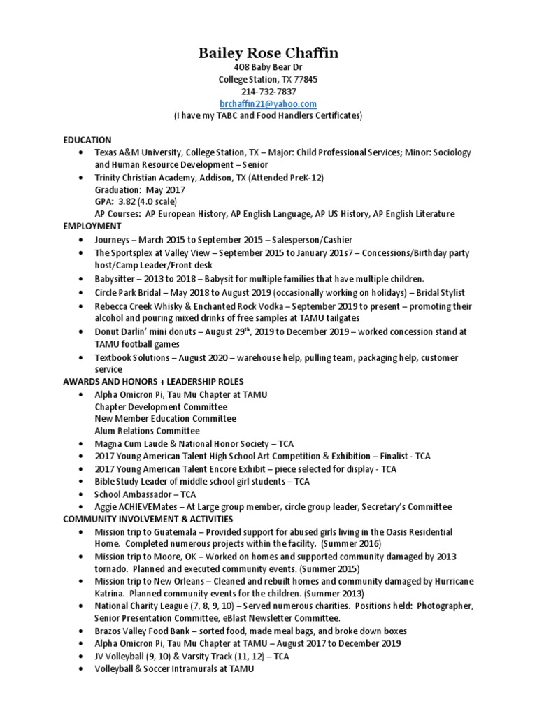 Bailey R. Chaffin's Resume | PDF | Beverages