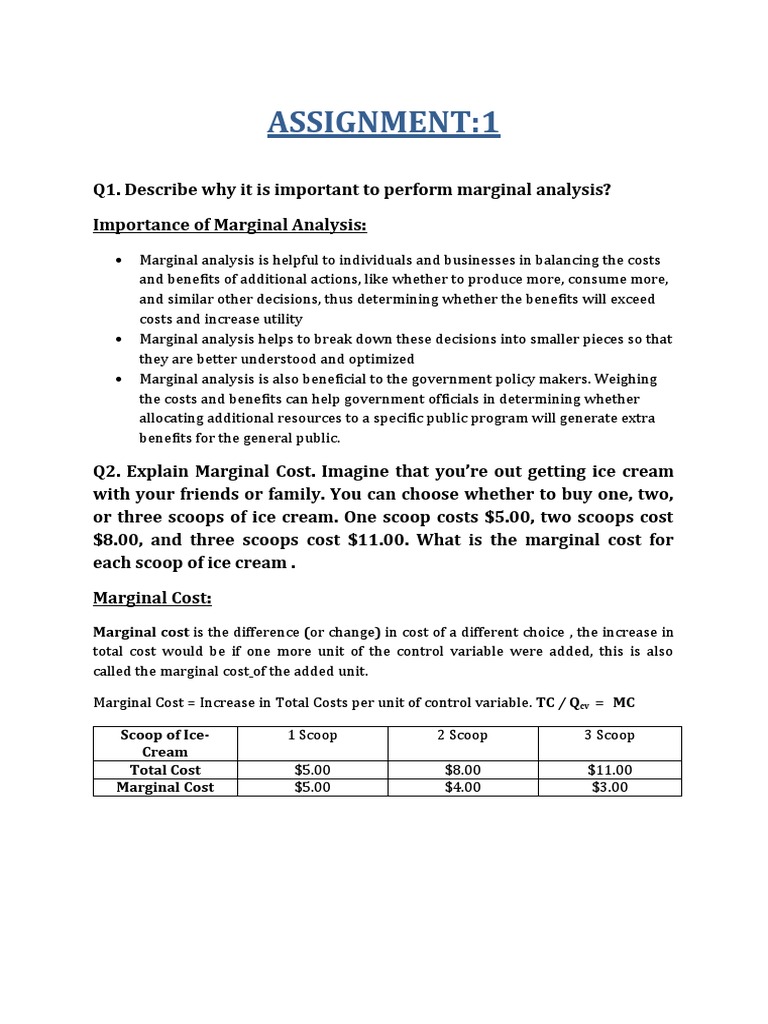 Assignment1 Marginal Cost Is The Difference (Or Change) in Cost of A