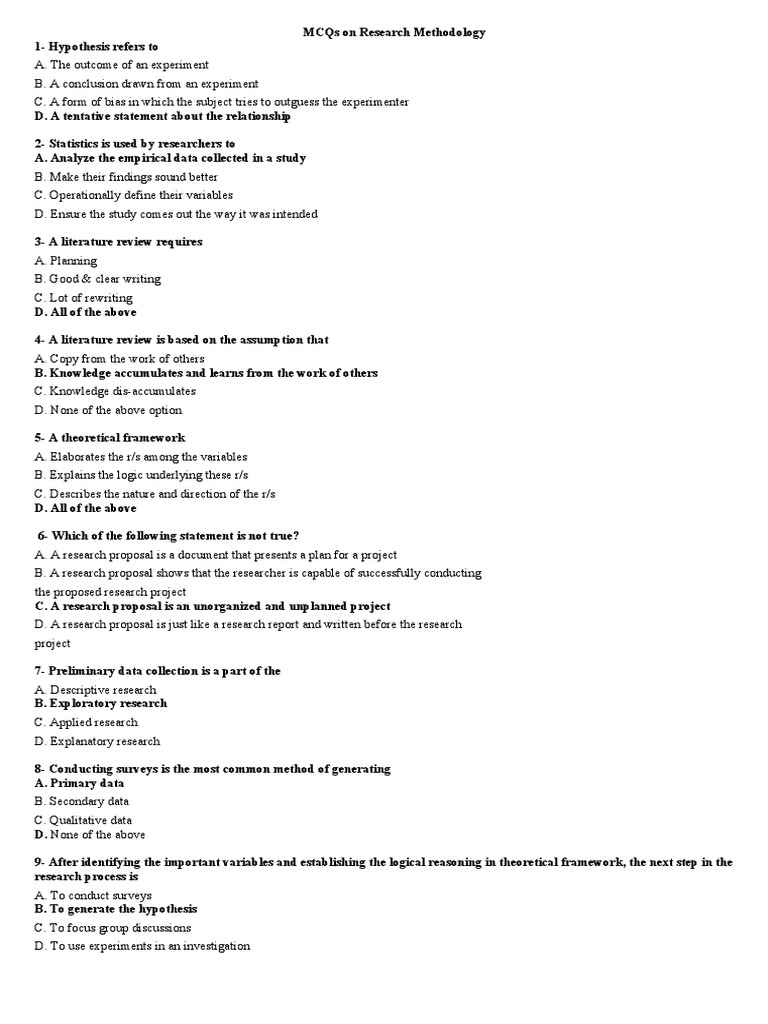 MCQs on Research Methodology | PDF | Survey Methodology | Sampling ...