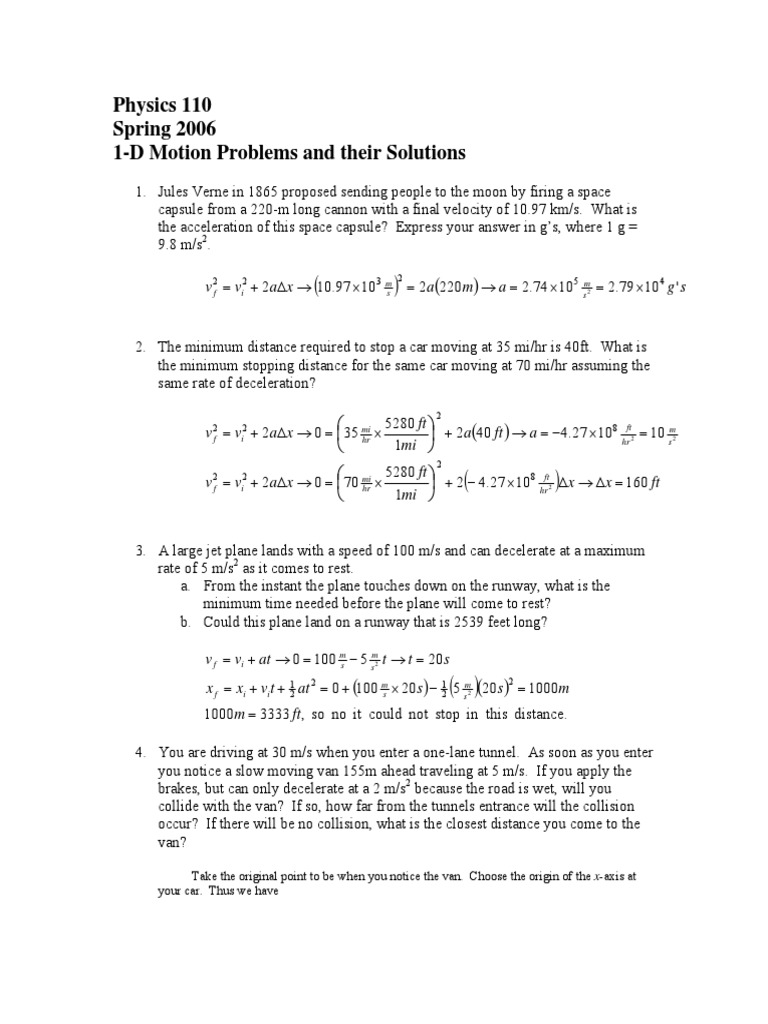 Physics 110 Spring 2006 1-D Motion Problems and Their Solutions | PDF ...
