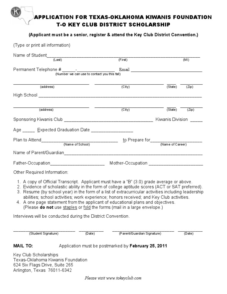 2011 Key Club Scholarship Application | PDF | Behavior Modification ...