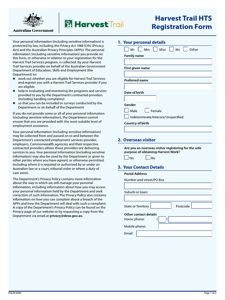 Harvest Trail Services Registration Form | PDF | Privacy | Privacy Policy