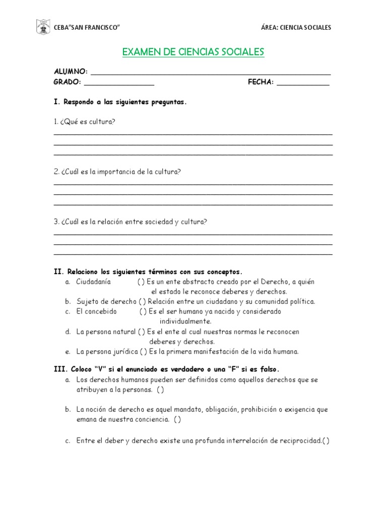 Examen de Ciencias Sociales y Derechos Humanos | PDF | Derechos humanos ...