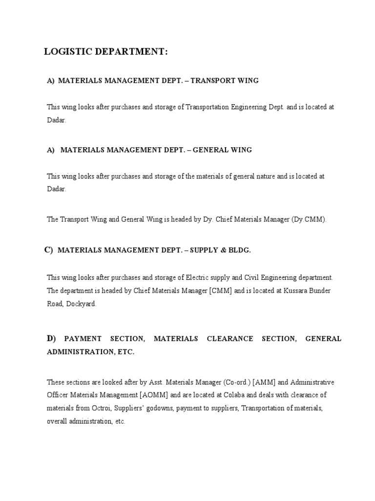 Logistic Department:: A) Materials Management Dept. - Transport Wing ...
