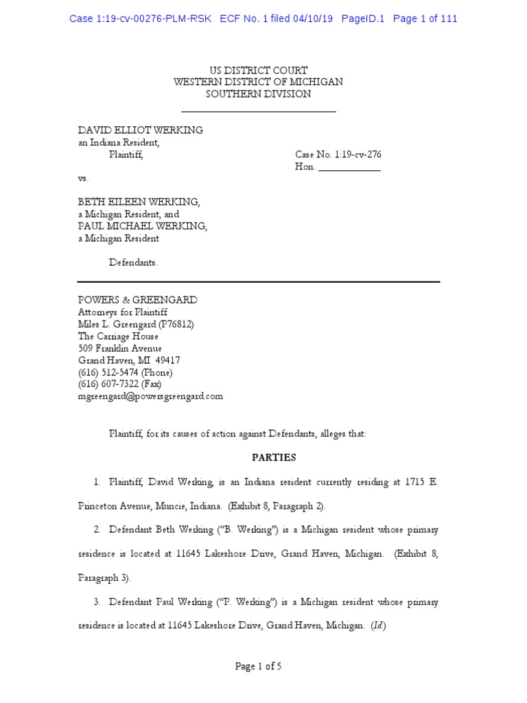 Werking Vs Werking Original Complaint PDF Damages Society