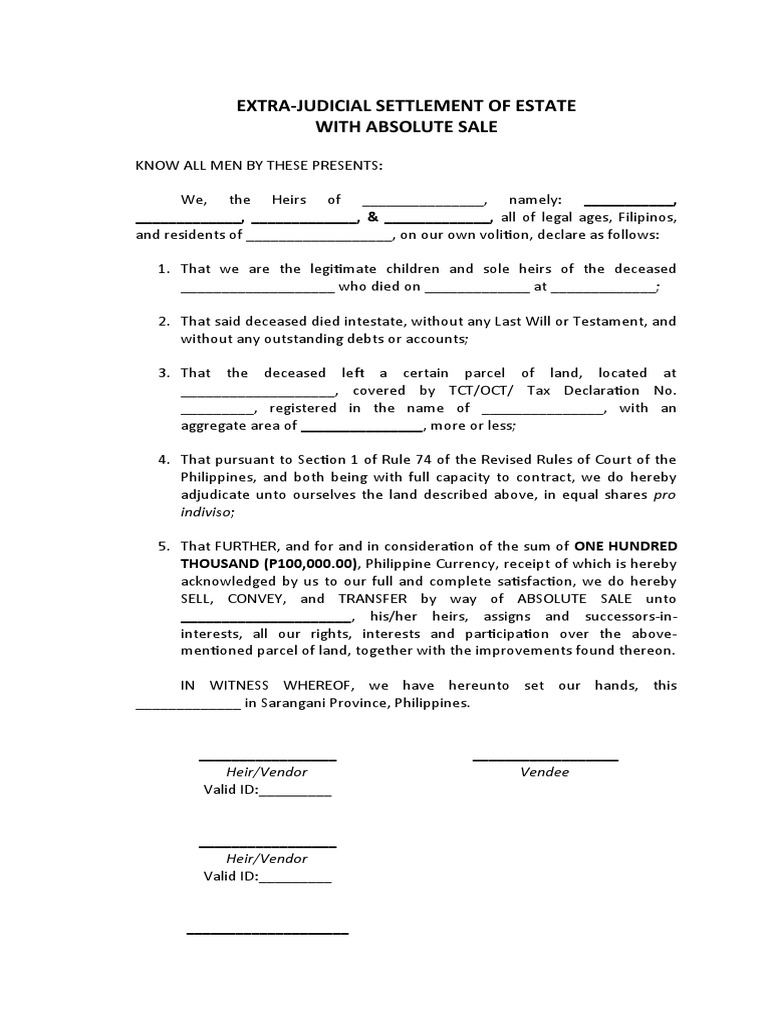 Extrajudicial Settlement with Sale Sample | PDF | Deed | Legal Documents