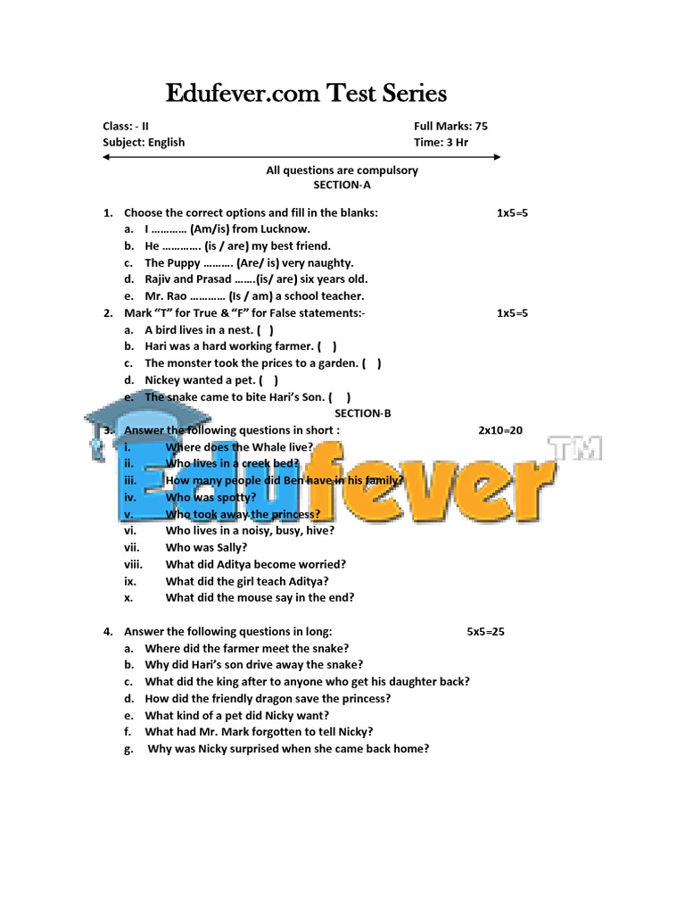 CBSE Class 2 English Sample Paper PDF