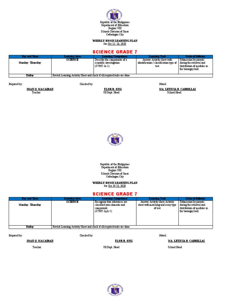 Weekly Science Learning Plan for Grade 7 | PDF | Physical Sciences ...