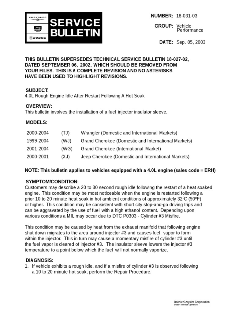 Jeep Tsb 18 031 03 Pdf Fuel Injection Systems Engineering