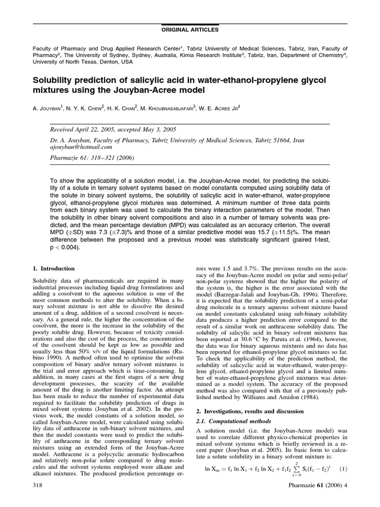 Solubility Prediction of Salicylic Acid in