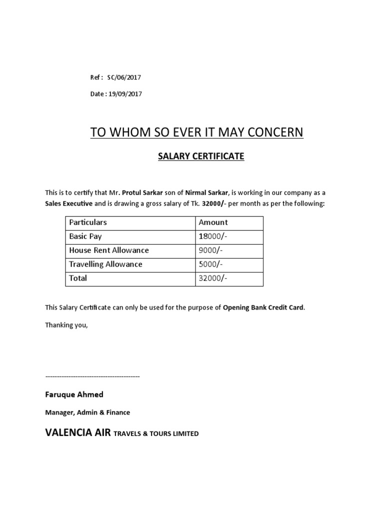 Salary Certificate for Mr. Protul Sarkar Certifying a Monthly Gross