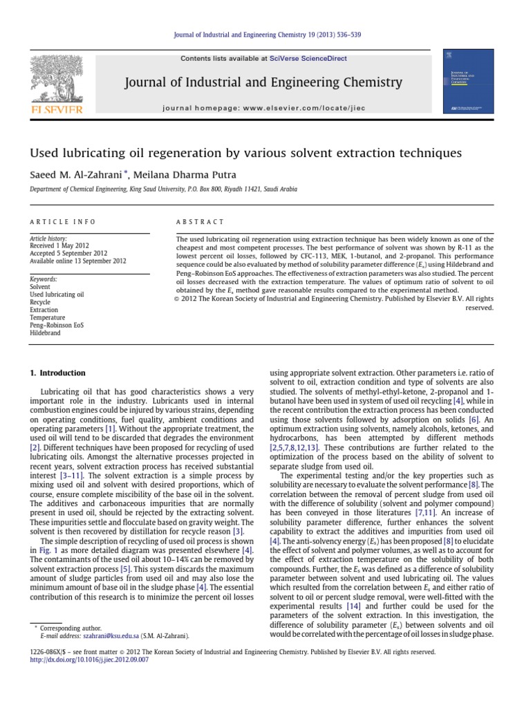 Used Lubricating Oil Regeneration by Various Solvent Extraction ...