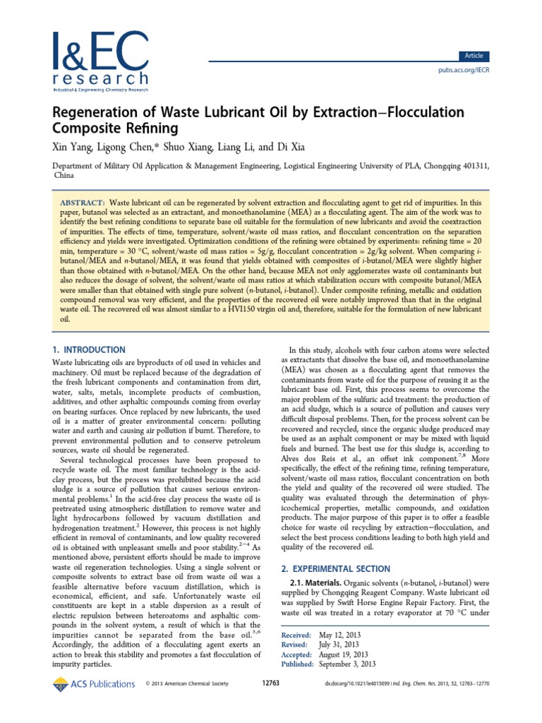 Regeneration of Waste Lubricant Oil by Extraction-Flocculation PDF ...