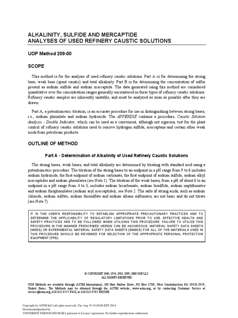 Alkalinity, Sulfide and Mercaptide Analyses of Used Refinery Caustic