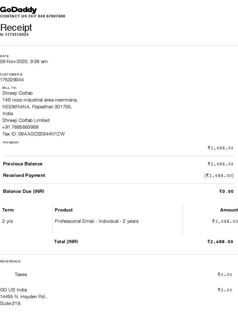 Email Id Godaddy Receipt PDF