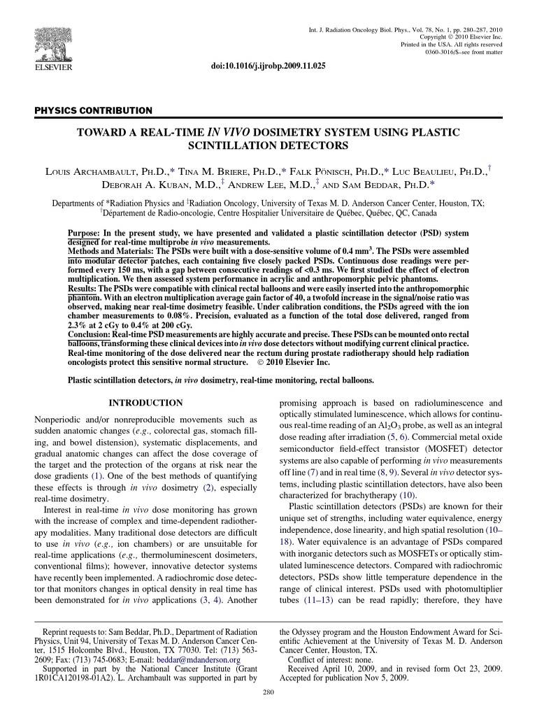 In Vivo Dosimetry Using Plastic Scintillator Download Free PDF
