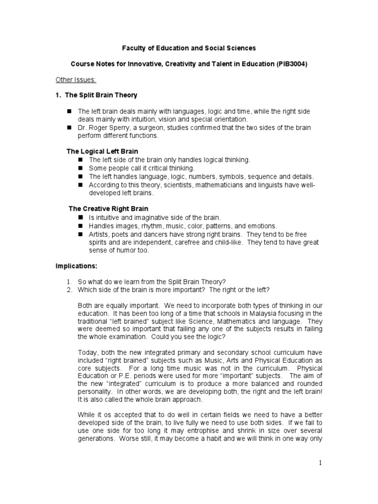 Split Brain Theory | PDF | Creativity | Curriculum