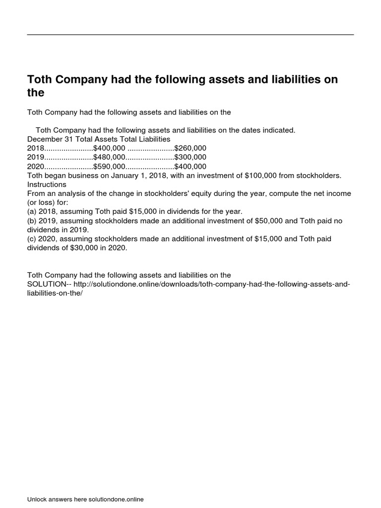 Toth Company Had The Following Assets and Liabilities On The PDF