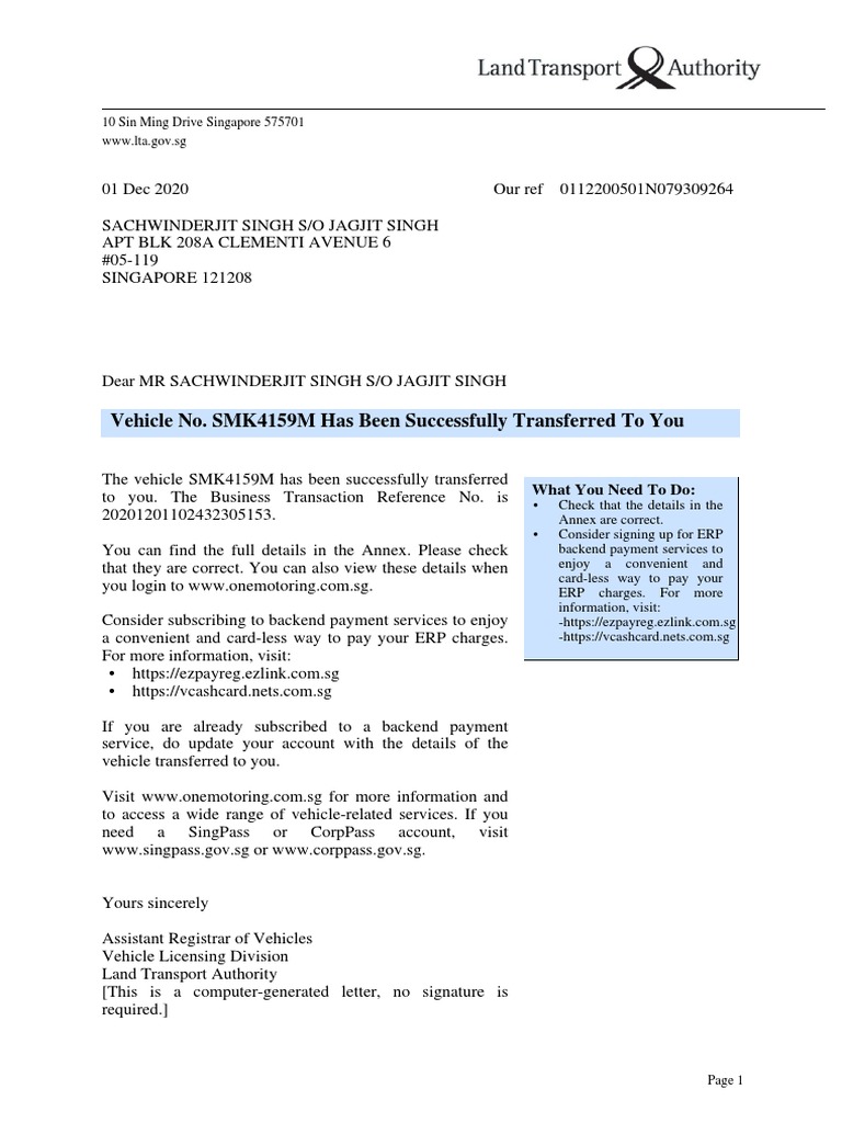 Vehicle Transfer Confirmation | PDF | Automotive Industry | Private ...