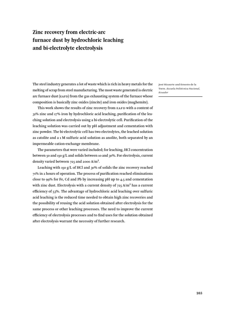 Zinc Recovery From ElectricArc Furnace Dust by Hydrochloric Leaching and BiElectrolyte