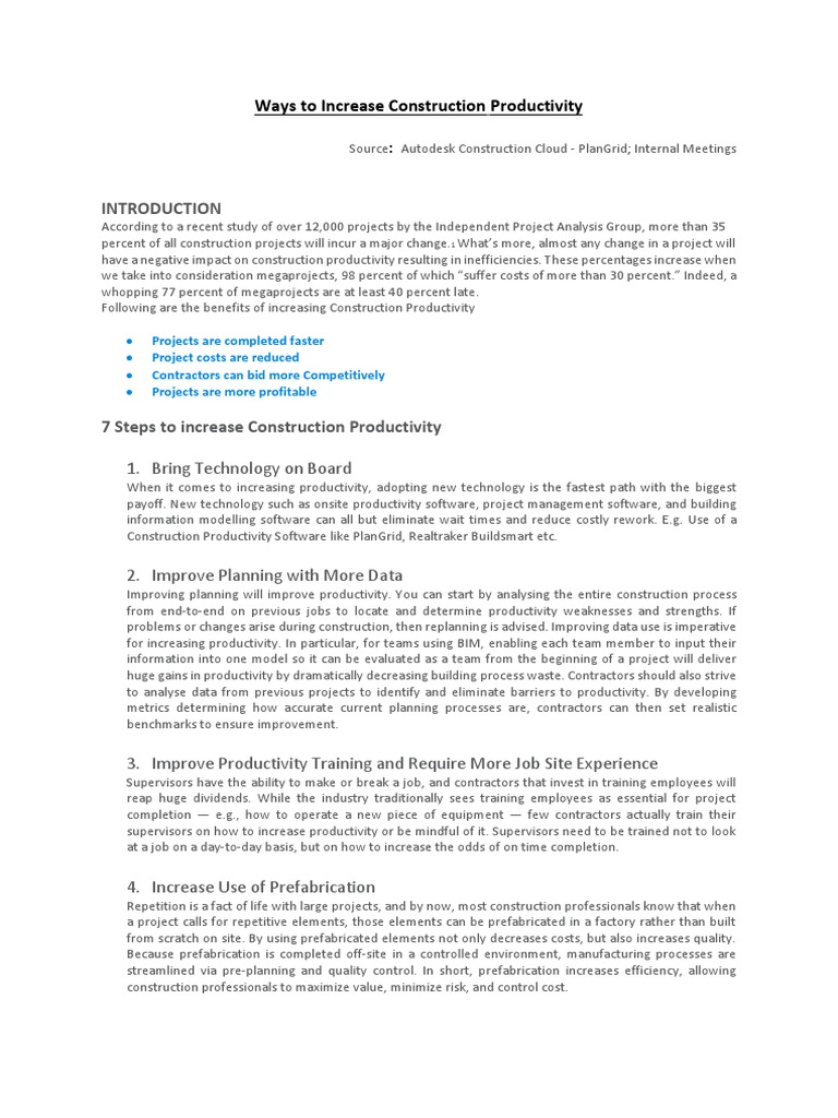 Ways To Increase Construction Productivity Pdf Employment Risk