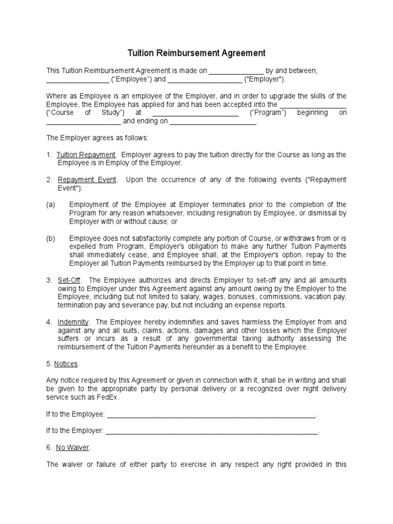 Tuition Reimbursement Agreement PDF Indemnity Employment