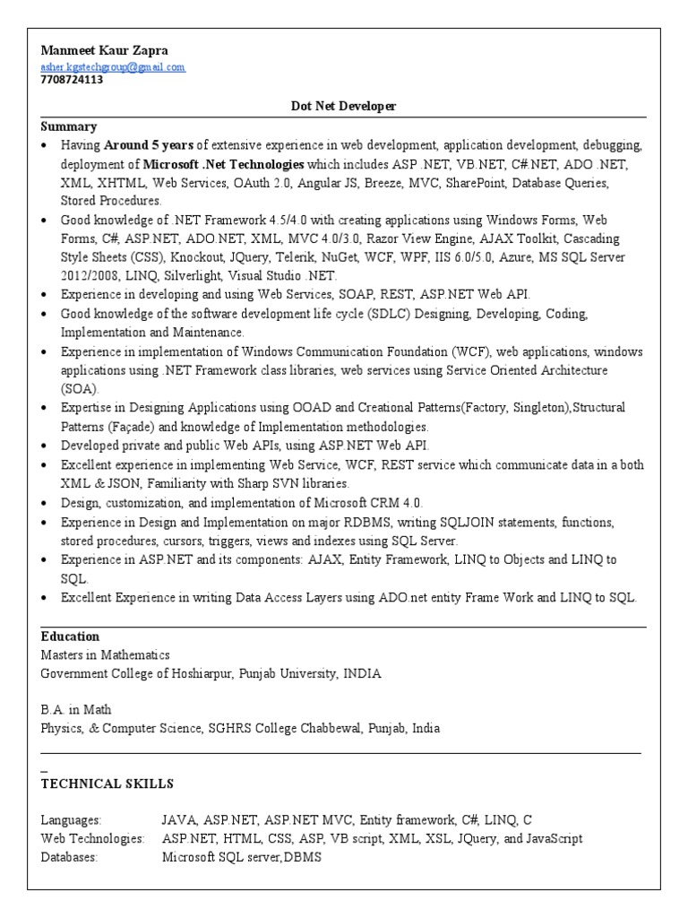 Experienced Dot Net Developer Profile | PDF | Language Integrated Query ...