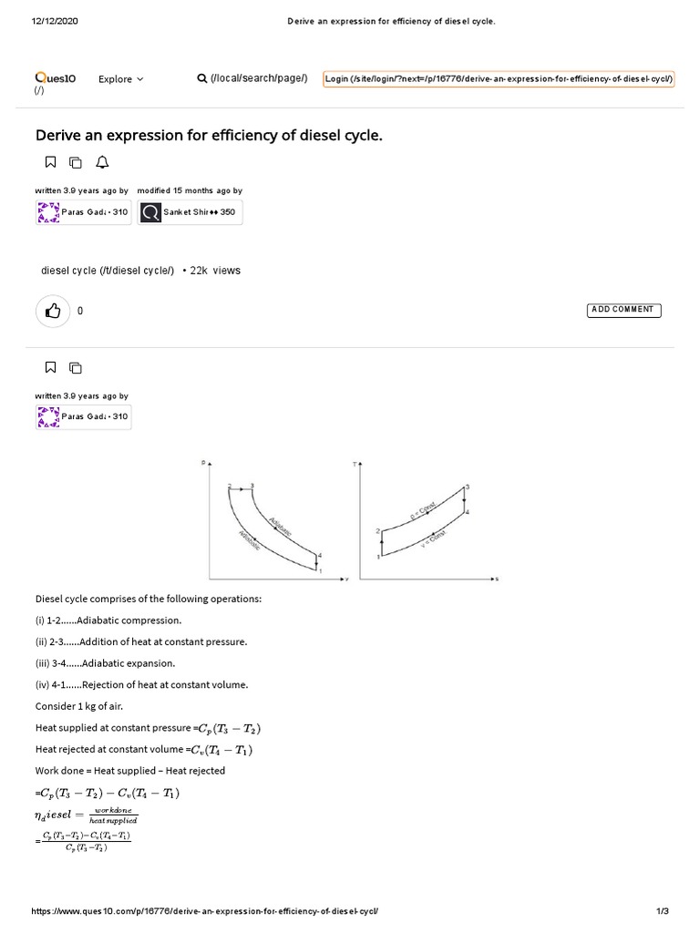 Derive An Expression For Efficiency of Diesel Cycle | PDF | Diesel ...