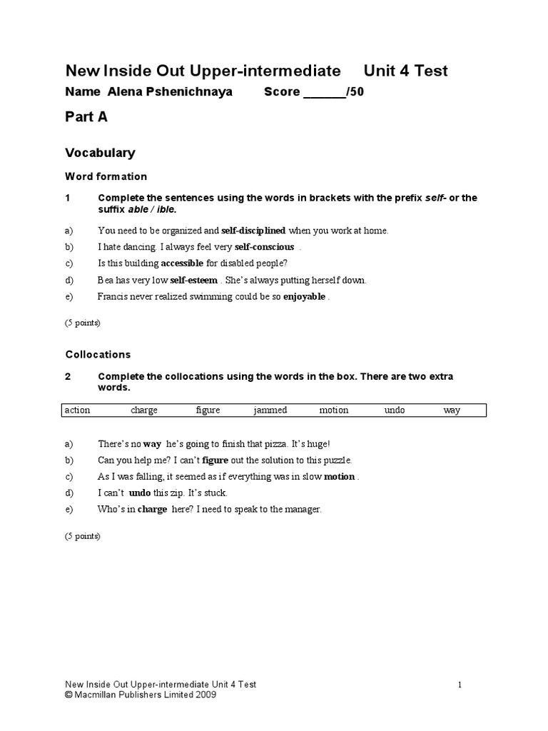 New Inside Out Upper-Intermediate Unit 4 Test: Part A | PDF ...